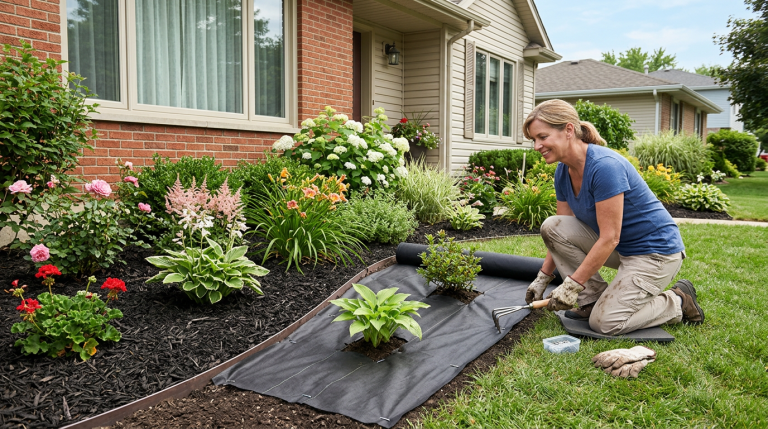 Create a realistic, bright landscaping photo for a Home Repair Atlas article comparing landscape fabric vs mulch for weed control in flower beds. Show a flower bed beside a suburban house with two small sections visible: one section has black landscape fabric partly rolled out and pinned flat on the soil, and the other section has fresh mulch spread around plants. The fabric should lie naturally on the ground and not float or wrinkle unrealistically. Include a homeowner kneeling nearby with garden gloves and a small rake, as if comparing the two options. Keep the scene practical, clean, trustworthy, and homeowner-friendly, with natural daylight and an uncluttered yard setting. No text, no logos, no brand names, no watermarks, no readable labels.
