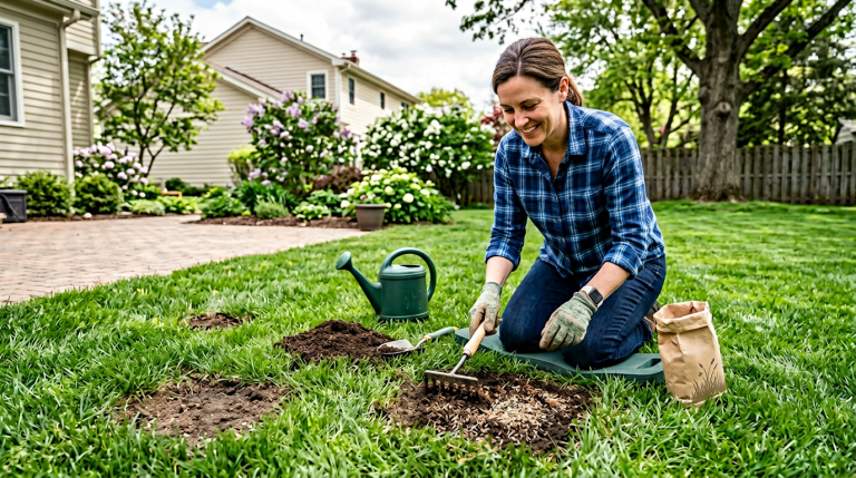 Create a realistic, bright lawn care photo for a Home Repair Atlas article about fixing bare spots in a lawn without reseeding the whole yard. Show a homeowner kneeling on a spring lawn, repairing a few small bare patches with grass seed, topsoil, and a hand rake. Include a healthy lawn around the bare spots to show that only small areas need repair. Keep the scene practical, clean, trustworthy, and homeowner-friendly, with natural daylight and an uncluttered yard. No text, no logos, no brand names, no watermarks, no readable labels.