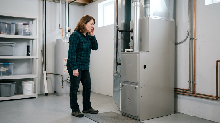 Homeowner listening from a safe distance to a furnace making a loud banging noise.