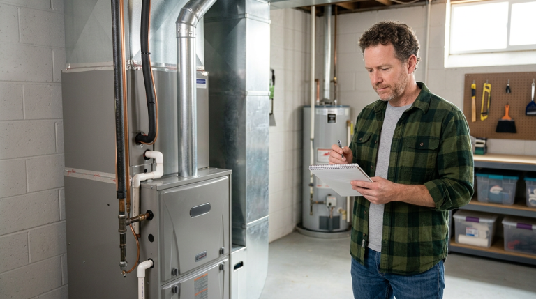 Homeowner considering whether to repair or replace a furnace in a basement utility room.