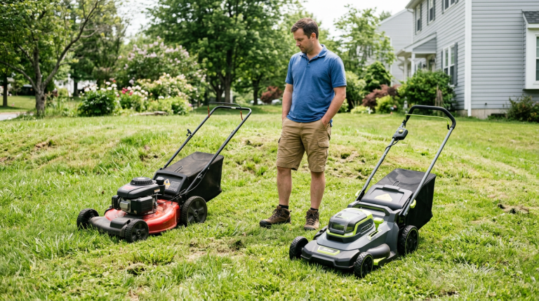 Generic gas and battery lawn mowers shown side by side on uneven ground for comparison.