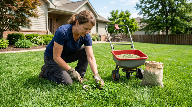 Homeowner inspecting a clover patch in a cool-season lawn before lawn treatment.
