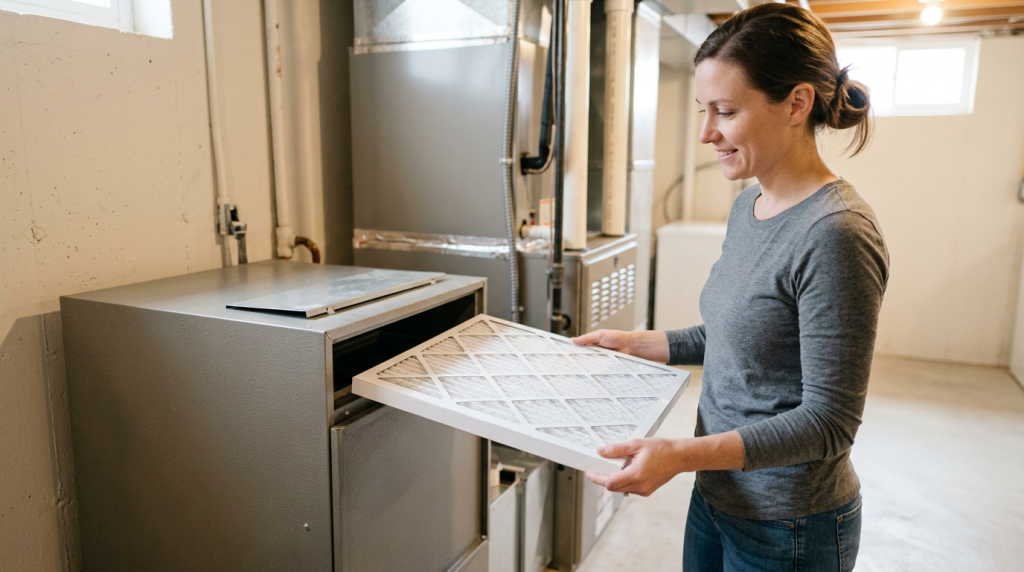 Homeowner replacing a furnace filter in a clean basement