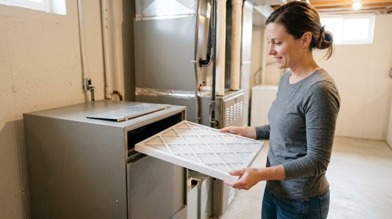 Several generic furnace filters arranged on a workbench for homeowners comparing filter options.