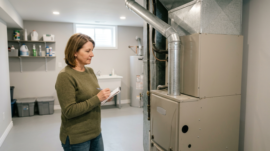 Homeowner evaluating an older furnace to decide how long it may last before replacement.