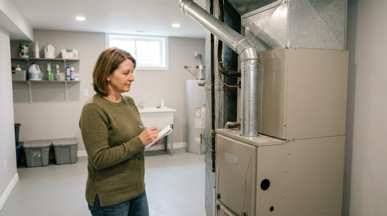 Homeowner evaluating an older furnace to decide how long it may last before replacement.