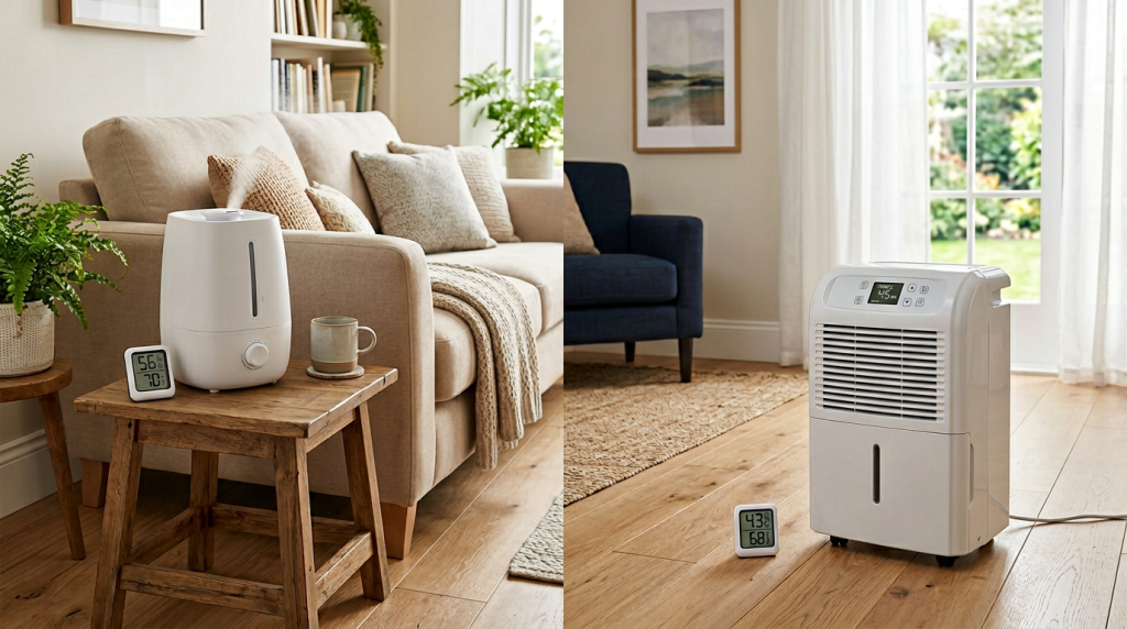 Portable humidifier and dehumidifier in a clean home setting with a humidity gauge for comparing indoor moisture control.