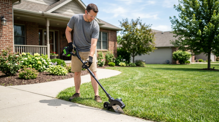 Homeowner using a generic cordless lawn edger along a sidewalk edge in a small yard.