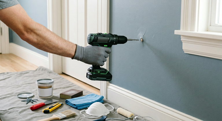 Small drywall nail pop repair with screws, joint compound, sanding sponge, and painting tools nearby.
