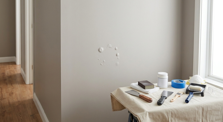 Small paint bubbles on a warm gray wall with scraper, primer, sanding sponge, and painting tools nearby.