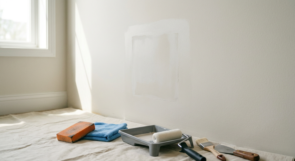 Visible paint flashing over a drywall patch with sanding, primer, and painting tools nearby.