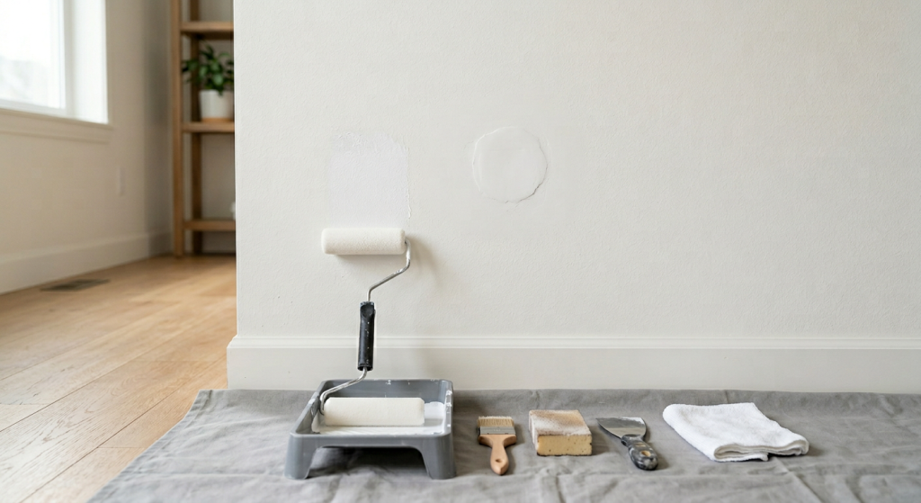 Small spackle patch on a wall with primer, sanding sponge, and painting tools ready below.
