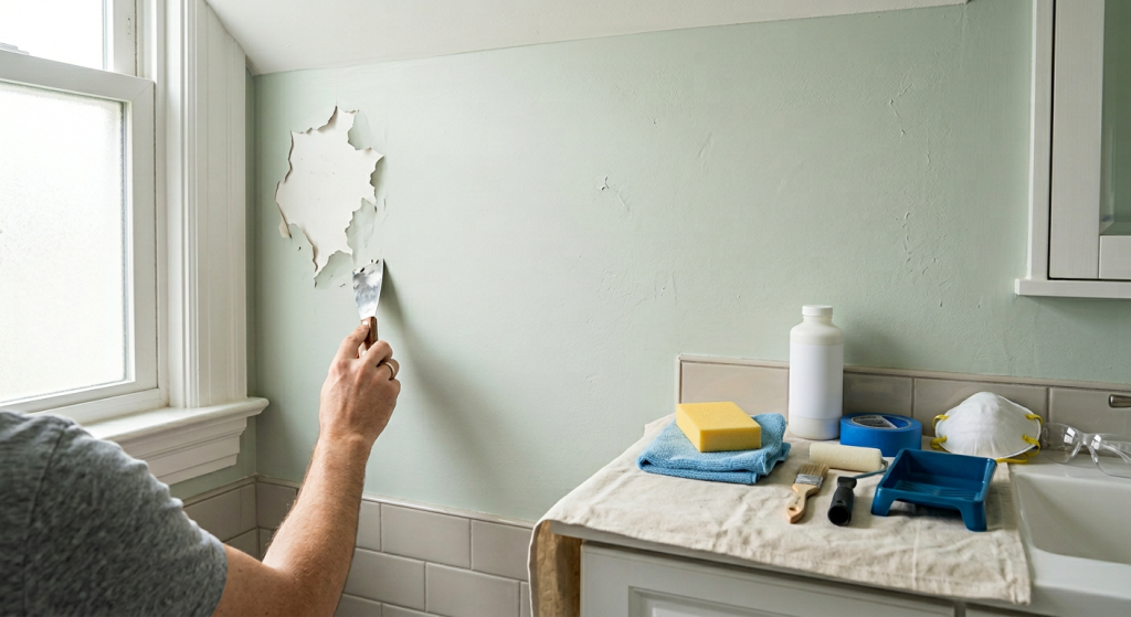 Create a realistic, bright home repair photo for a Home Repair Atlas article about why paint is peeling off a wall. Show a clean bathroom or laundry-room wall painted soft pale green with a small area of peeling interior wall paint near a window or upper corner, suggesting moisture or poor paint adhesion. The peeling should look realistic and moderate, with curled paint edges and a small exposed patch underneath, not severe wall damage. A homeowner’s hand should be naturally holding a paint scraper at a low angle near the peeling spot, as if carefully removing loose paint before repair. On a protected counter or small covered work surface nearby, show a putty knife, sanding sponge, microfiber cloth, bonding primer in a generic unbranded container with a blank unreadable label, painter’s tape, touch-up brush, mini roller, paint tray, dust mask, and safety glasses arranged neatly. The scene should feel practical, clean, calm, trustworthy, and homeowner-friendly, with soft natural daylight and realistic wall scale. No logos, no brand names, no readable labels, no text, no watermarks, no distorted hands, no floating tools, no mold, no water stains, no heavy dust, no paint spills, and no messy construction scene.