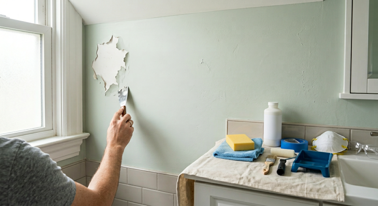Create a realistic, bright home repair photo for a Home Repair Atlas article about why paint is peeling off a wall. Show a clean bathroom or laundry-room wall painted soft pale green with a small area of peeling interior wall paint near a window or upper corner, suggesting moisture or poor paint adhesion. The peeling should look realistic and moderate, with curled paint edges and a small exposed patch underneath, not severe wall damage. A homeowner’s hand should be naturally holding a paint scraper at a low angle near the peeling spot, as if carefully removing loose paint before repair. On a protected counter or small covered work surface nearby, show a putty knife, sanding sponge, microfiber cloth, bonding primer in a generic unbranded container with a blank unreadable label, painter’s tape, touch-up brush, mini roller, paint tray, dust mask, and safety glasses arranged neatly. The scene should feel practical, clean, calm, trustworthy, and homeowner-friendly, with soft natural daylight and realistic wall scale. No logos, no brand names, no readable labels, no text, no watermarks, no distorted hands, no floating tools, no mold, no water stains, no heavy dust, no paint spills, and no messy construction scene.