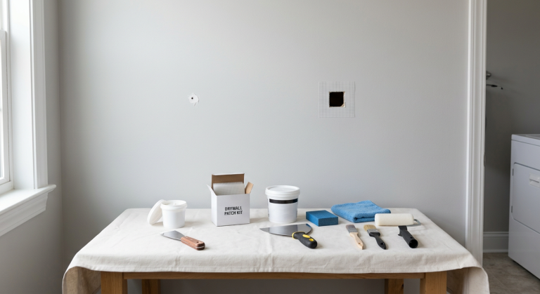 Drywall patch kit and spackle supplies compared beside small wall repair examples.