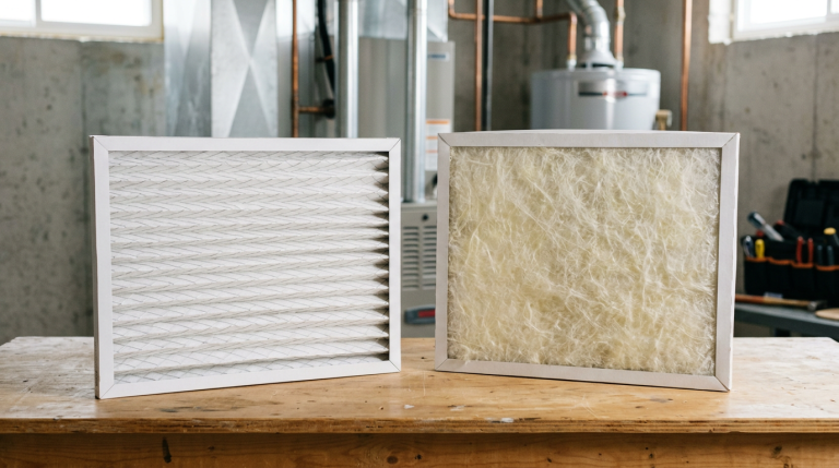Generic pleated furnace filter and fiberglass furnace filter shown side by side for comparison.