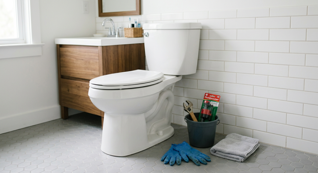 Clean toilet with fill valve replacement part, gloves, towel, bucket, and wrench nearby for checking a fill valve problem.