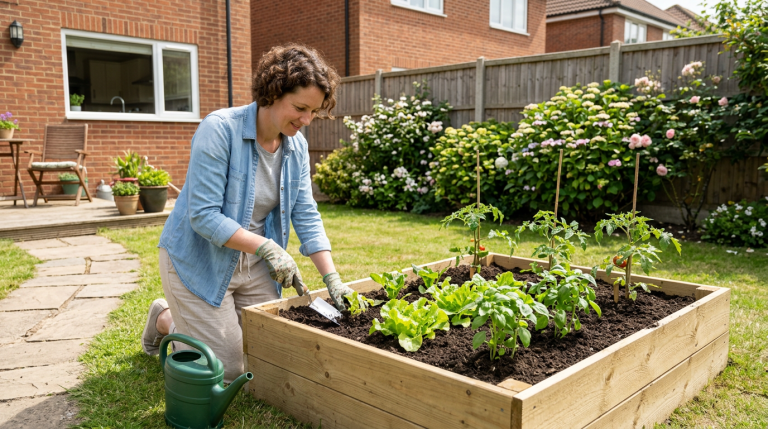 Create a realistic, bright backyard garden photo for a Home Repair Atlas article about choosing the best raised garden bed kit for small backyards. Show a generic rectangular raised garden bed kit fully assembled in a small suburban backyard, filled with soil and healthy young vegetable plants. Include a homeowner nearby holding a small garden trowel or watering can, with the bed placed realistically on level ground near a walkway or patio. The raised bed should look plain and generic, with no logos, no brand names, no readable labels, no text, and no watermarks. Keep the scene practical, clean, trustworthy, and homeowner-friendly, with natural daylight and an uncluttered backyard setting.