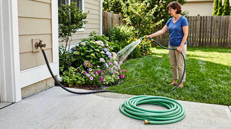 Homeowner watering flowers with a rubber garden hose and a vinyl garden hose coiled on the sidewalk nearby