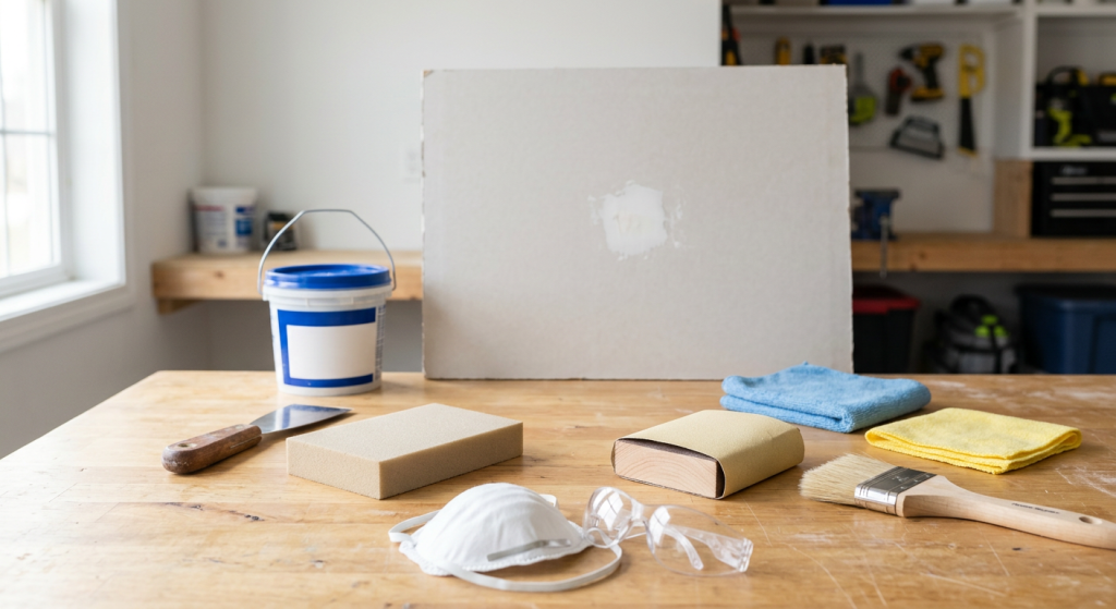 Sanding sponge and sandpaper on a sanding block compared beside a small drywall patch.