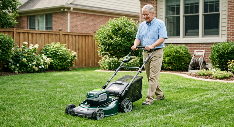 Older homeowner using a generic self-propelled lawn mower on a small suburban lawn.