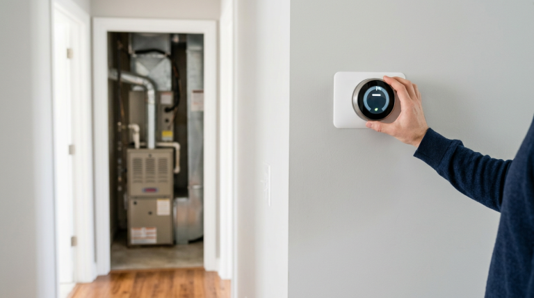 Generic smart thermostat in a home with an older HVAC system in the background.