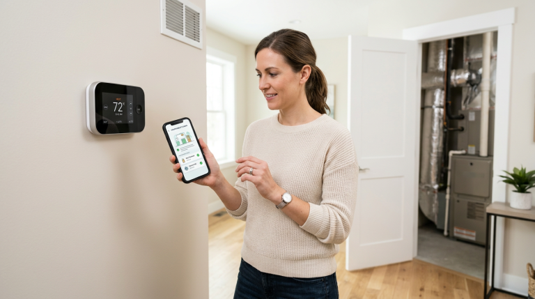 Homeowner checking smart thermostat compatibility with a generic thermostat and phone.