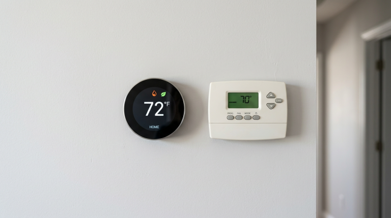 Generic smart thermostat and programmable thermostat shown side by side for a homeowner comparison.