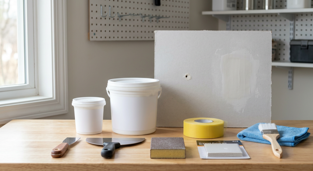 Spackle and joint compound compared on a workbench with drywall repair tools and sample patches.
