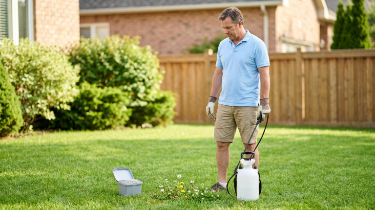 Generic lawn sprayer and granular weed control product shown near weeds in a home lawn.