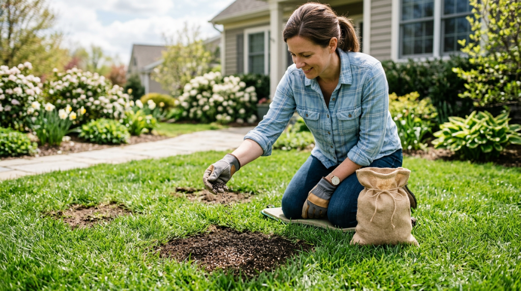 Homeowner spreading grass seed over bare spots in a spring lawn.