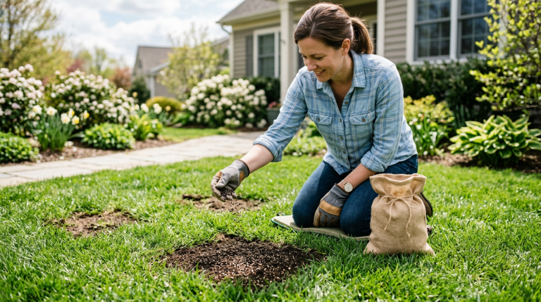 Homeowner spreading grass seed over bare spots in a spring lawn.