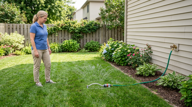 Generic lawn sprinkler connected to a garden hose with a gentle spray for low water pressure.