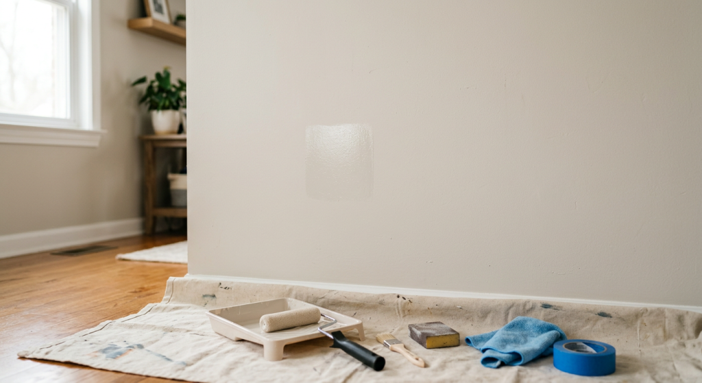 Shiny touch-up paint spot on an interior wall with painting tools nearby.