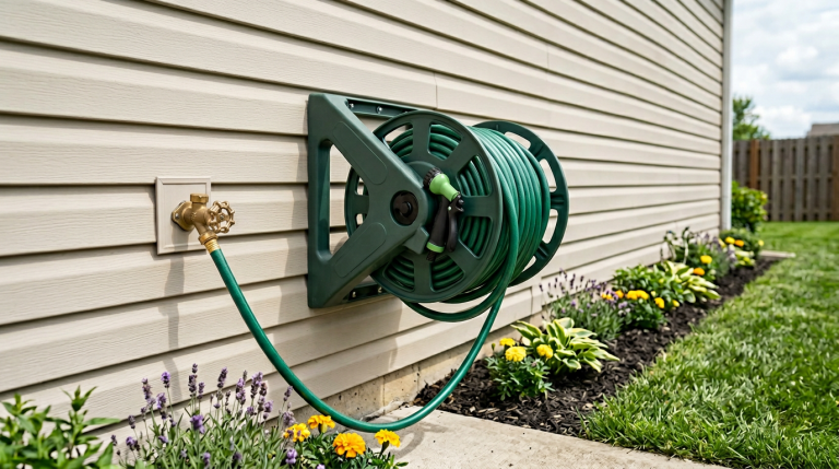 Create a realistic, bright lawn and garden photo for a Home Repair Atlas article about choosing the best wall-mounted hose reel for homeowners. Show a generic wall-mounted hose reel securely attached to the exterior siding or brick wall of a house, with a garden hose neatly wound on the reel. The hose should be connected to a nearby outdoor wall faucet, and the hose nozzle should rest naturally in a holder or on the reel, not floating. Include a small lawn or flower bed nearby to show everyday watering use. The scene should feel practical, organized, clean, trustworthy, and homeowner-friendly, with natural daylight and an uncluttered yard setting. No text, no logos, no brand names, no watermarks, no readable labels.