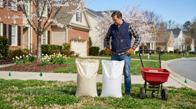 Generic lawn care bags and broadcast spreader on a spring lawn for comparing weed and feed vs pre-emergent.