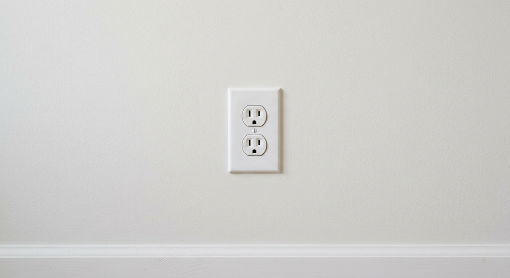 White duplex wall outlet on a clean painted wall for safe outlet troubleshooting.