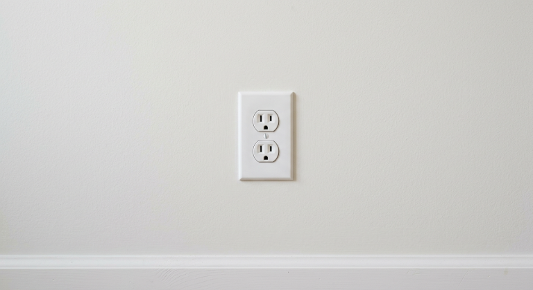White duplex wall outlet on a clean painted wall for safe outlet troubleshooting.