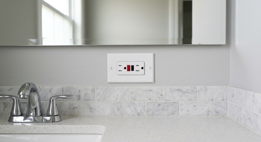 White GFCI outlet above a bathroom vanity for safe troubleshooting when the outlet is not resetting.