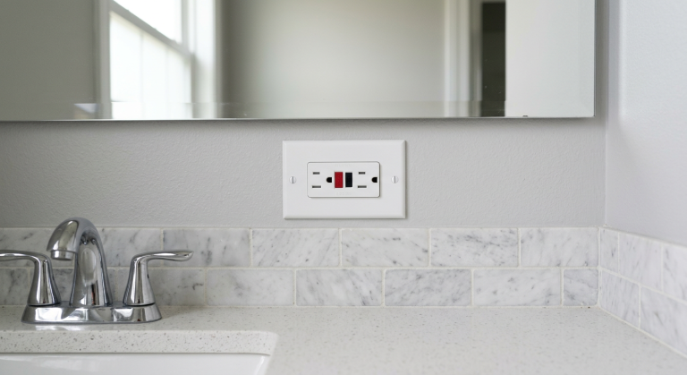 White GFCI outlet above a bathroom vanity for safe troubleshooting when the outlet is not resetting.