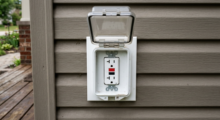 Outdoor GFCI outlet in a weatherproof cover on exterior siding for safe troubleshooting after rain or moisture.