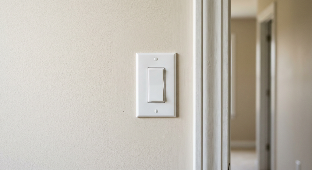 White wall light switch on a clean painted wall for safe troubleshooting when a light switch is not working.