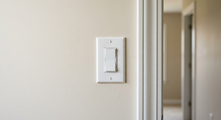 White wall light switch on a clean painted wall for safe troubleshooting when a light switch is not working.