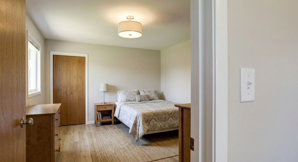 Ceiling light and wall switch in a clean room for safe troubleshooting when lights flicker in one room.