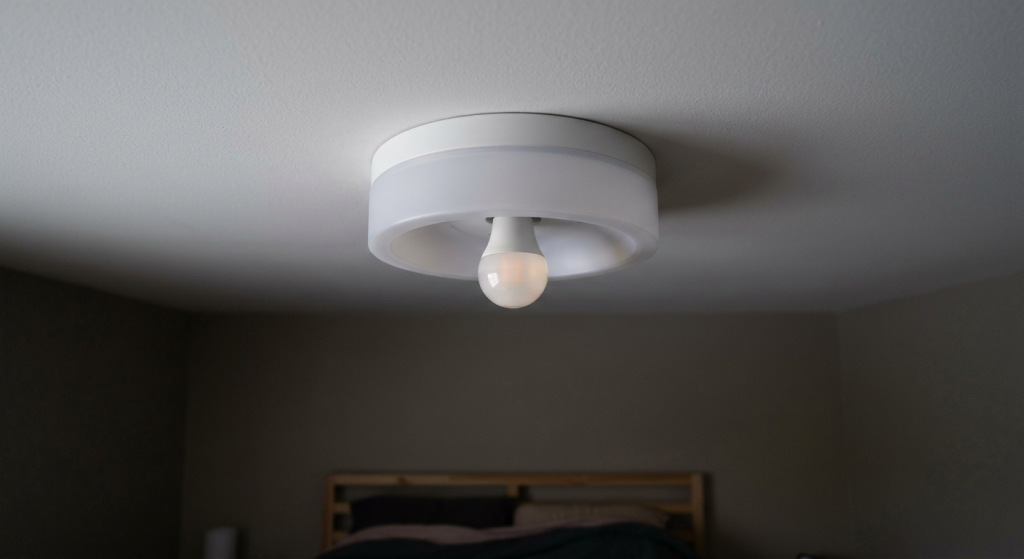 LED bulb in a clean ceiling light fixture for troubleshooting when it flickers after being turned off.