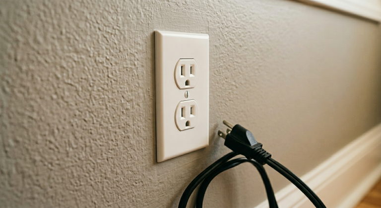 Wall outlet and unplugged cord for a burning smell warning article