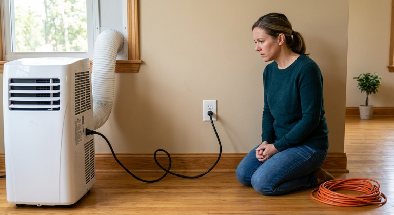 Homeowner checking an air conditioner plugged directly into a wall outlet
