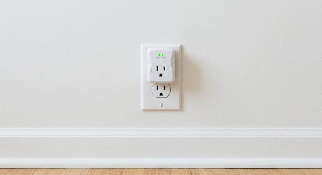 Appliance surge protector plugged into a wall outlet above a baseboard