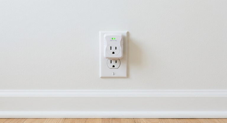 Appliance surge protector plugged into a wall outlet above a baseboard