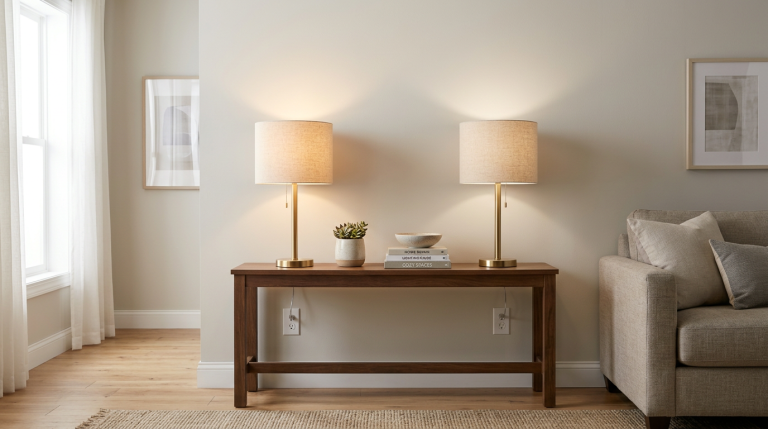 Side-by-side table lamps comparing soft white vs warm white light bulbs in a home setting.